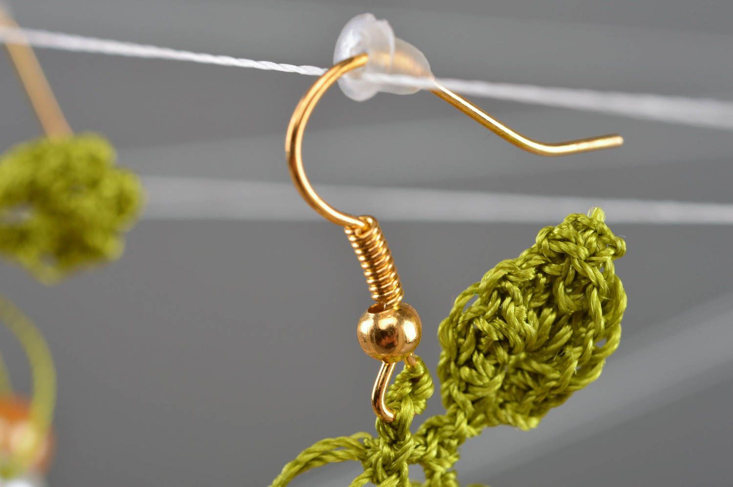 Beautiful handmade gentle green textile earrings with beads photo 3