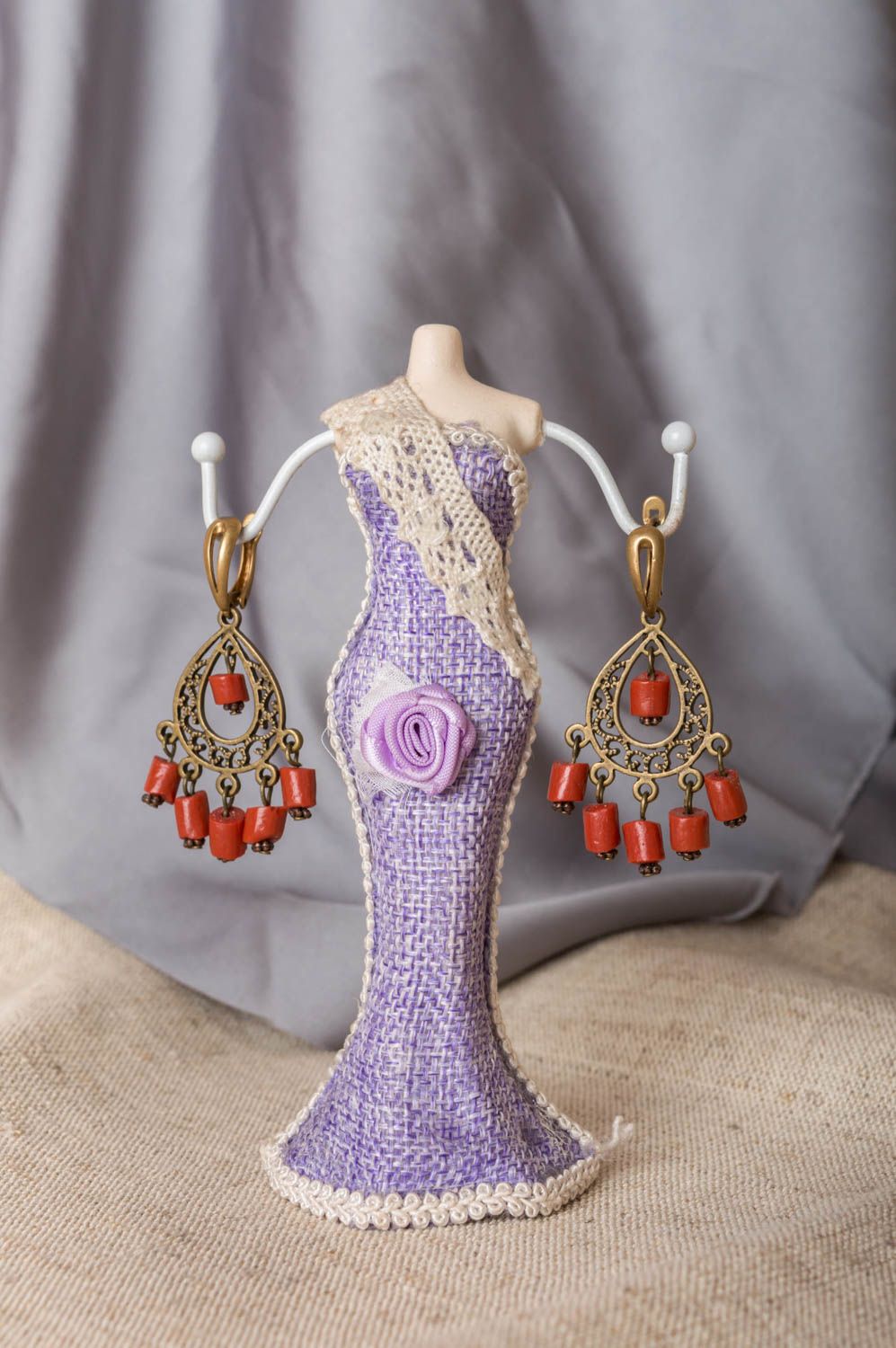 Handmade cute earrings made of natural stone coral with brass fittings photo 1