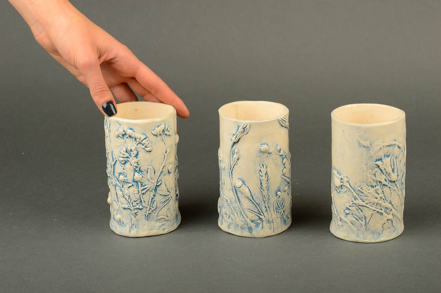 Three decorative ceramic tall white and blue coffee cups with field flowers pattern photo 2