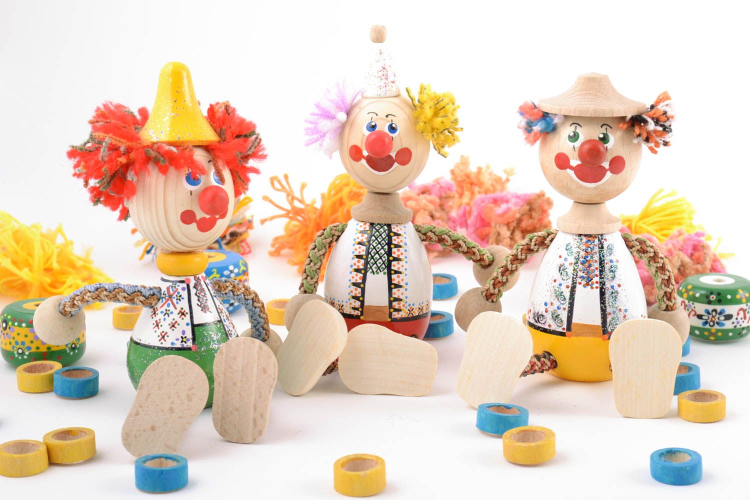 Eco painted handmade wooden toys set 3 pieces Clowns for children photo 1