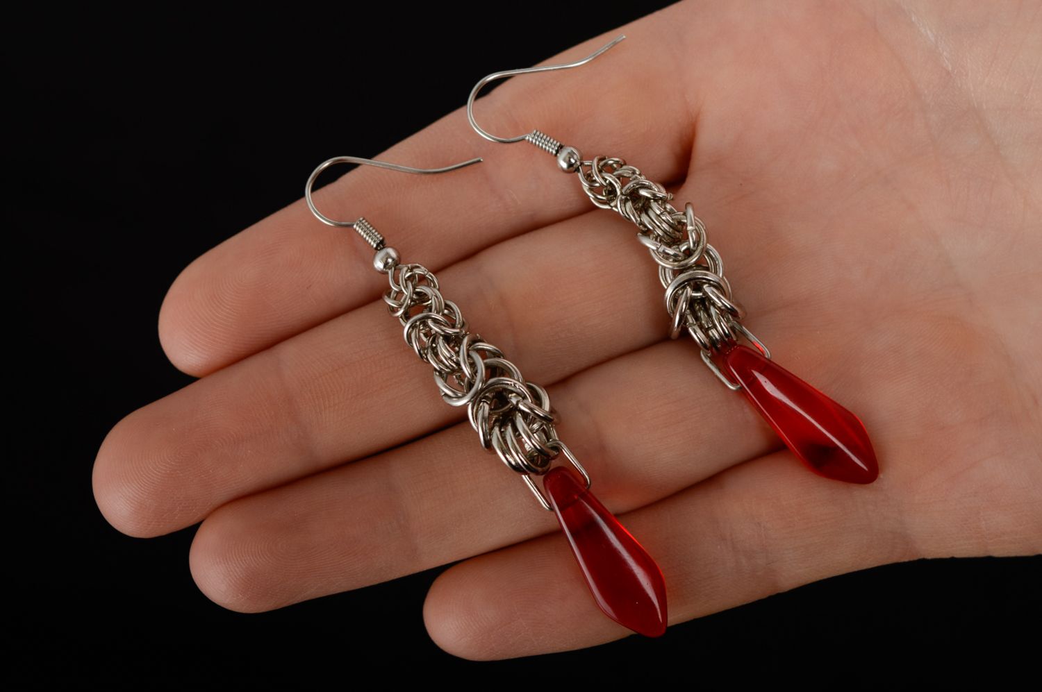 Long metal earrings with red beads made using chain armor weaving technique photo 4
