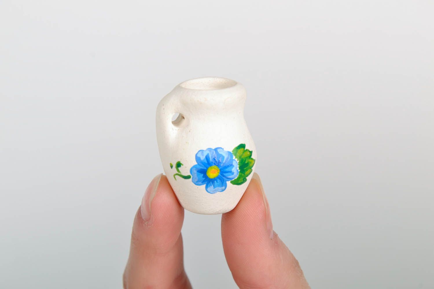 Little tiny 1,2 inches tall clay pitcher with blue flower picture 0,02 lb photo 2