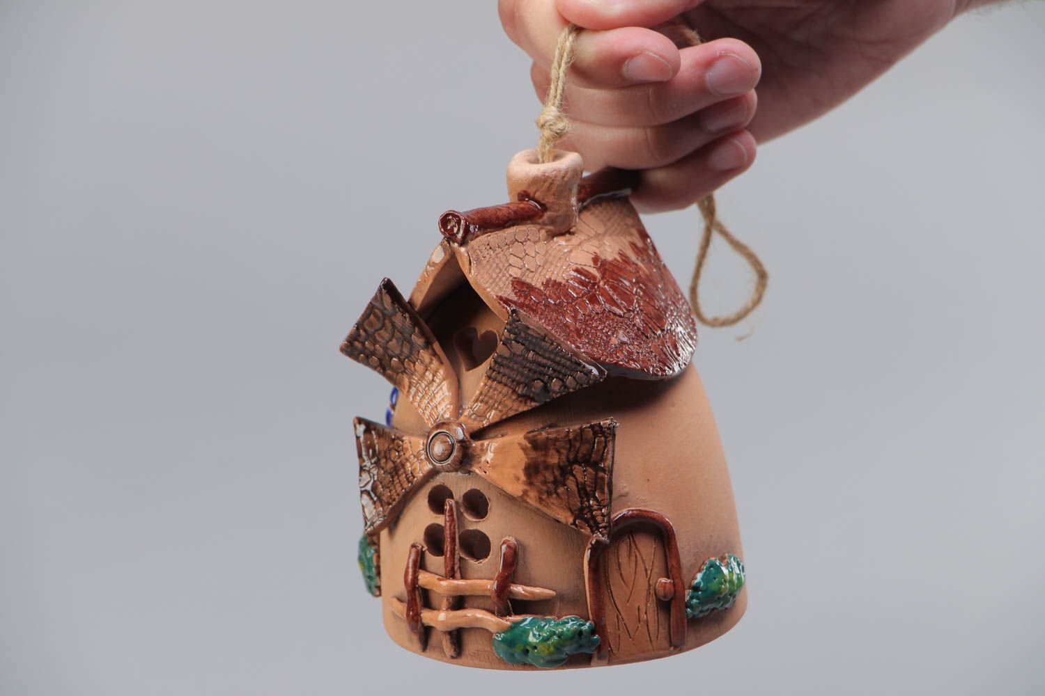 Multi-colored handmade designer ceramic bell in the shape of house of average size for home decor photo 5