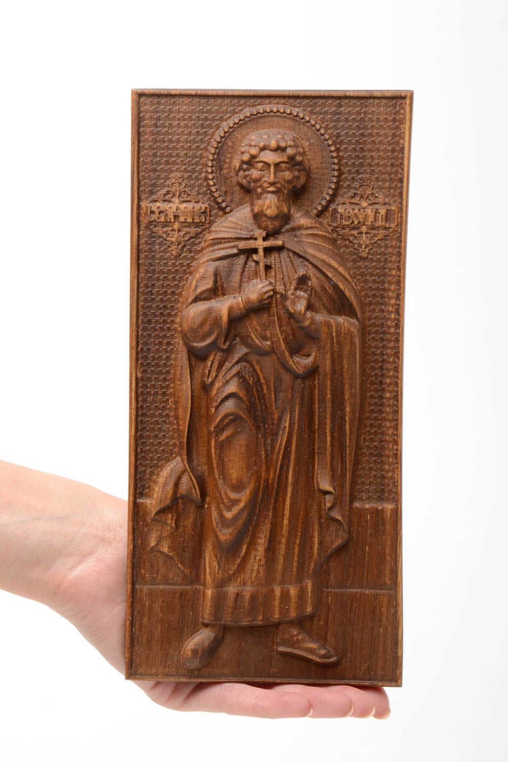 Handmade wooden St Leonid icon small rectangular panel handmade wall panel  photo 5