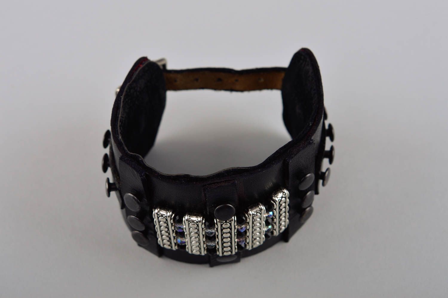 Bracelet noir Bijou fait main cuir cristaux design tendance Cadeau femme photo 2