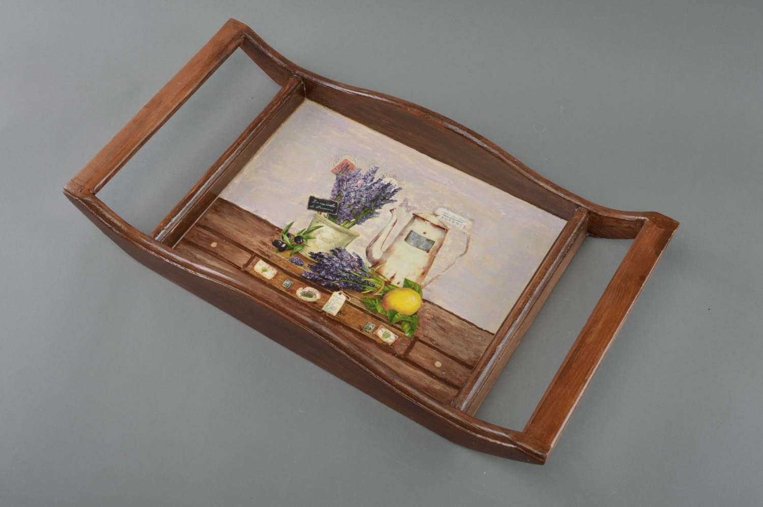 Handgemachtes schönes originelles Designer Deko Decoupage Tablett aus Holz foto 3