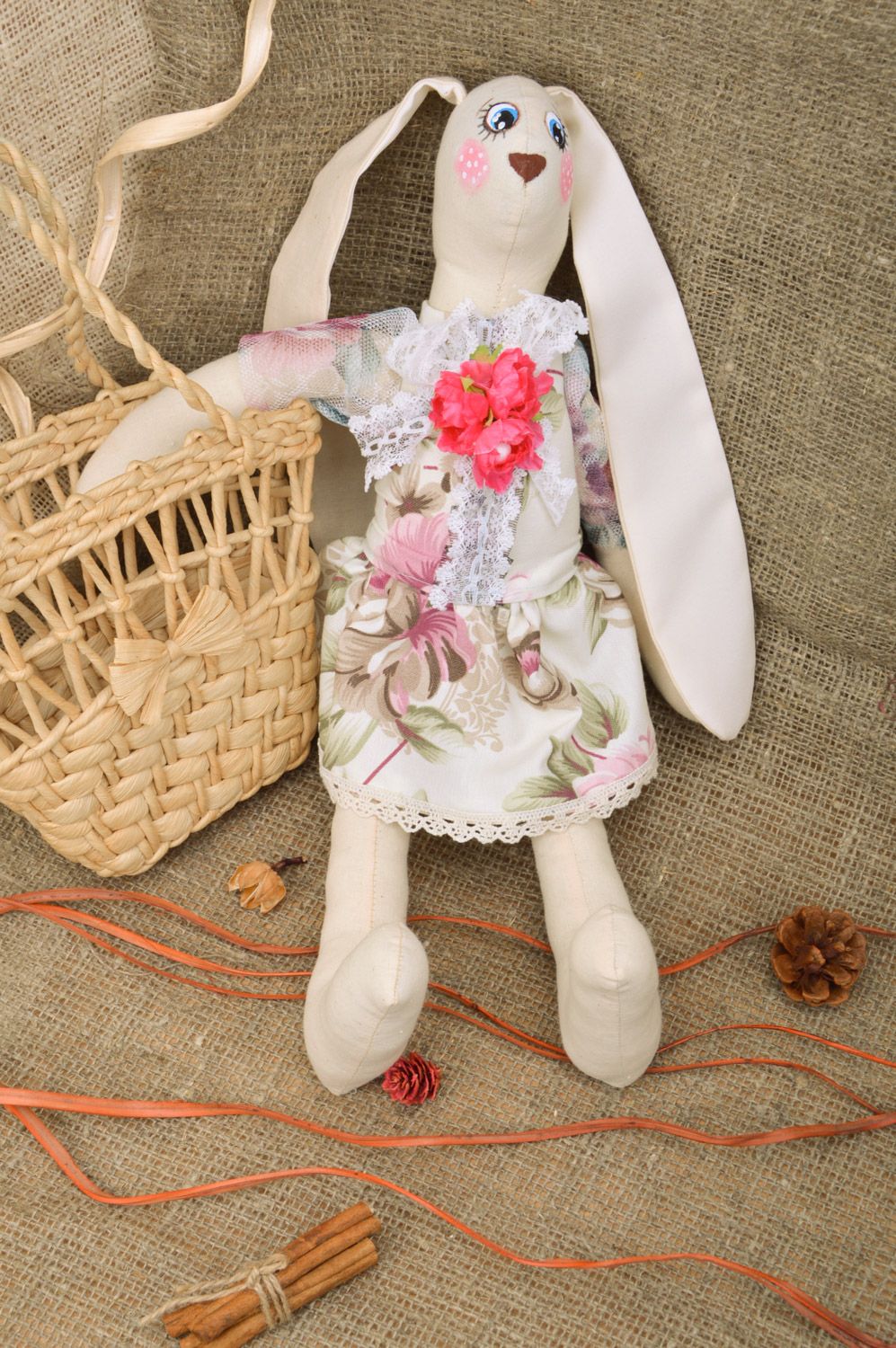 Handmade tapestry fabric soft toy long-eared hare with painting photo 1