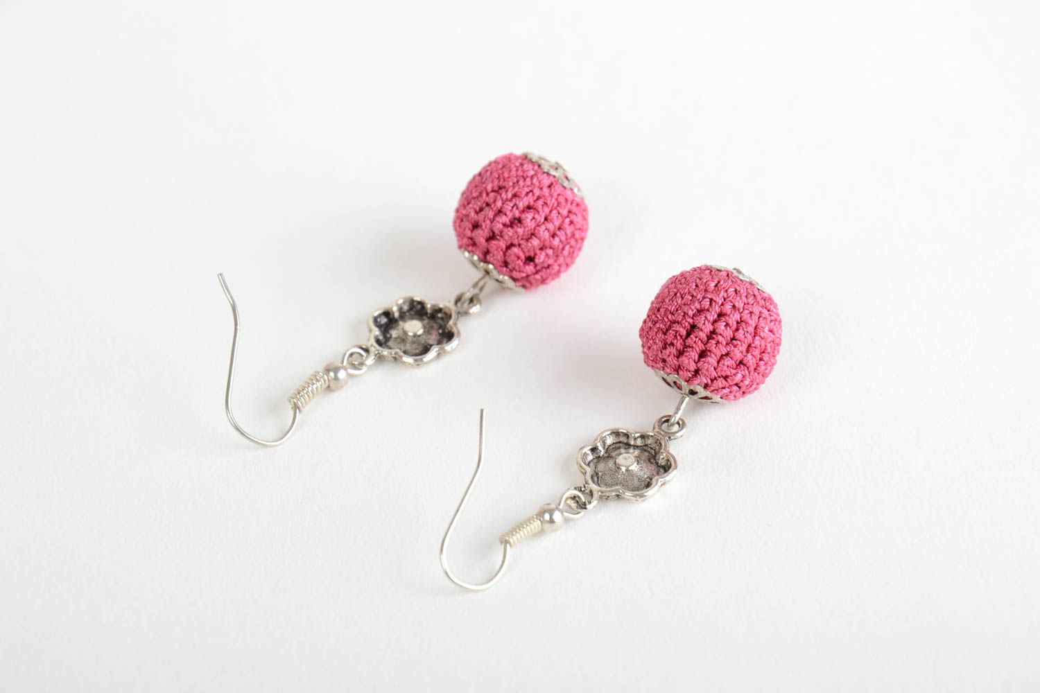 Beautiful homemade crochet ball earrings of crimson color designer jewelry photo 3
