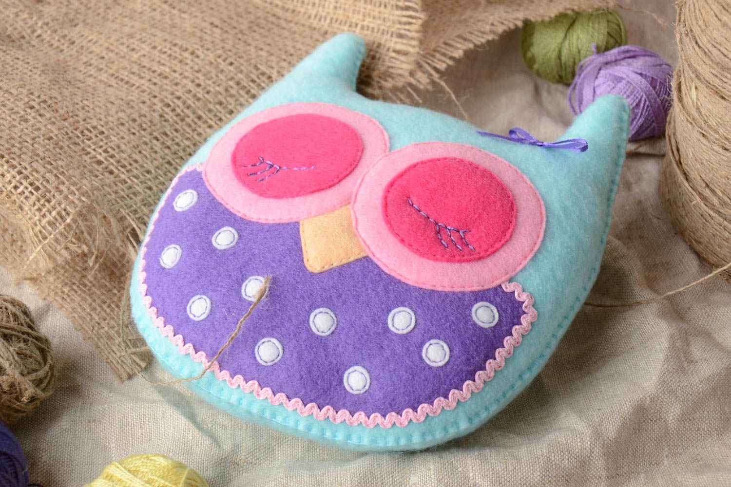 Handmade small colorful felt soft toy blue owl with pink eyes for children photo 1
