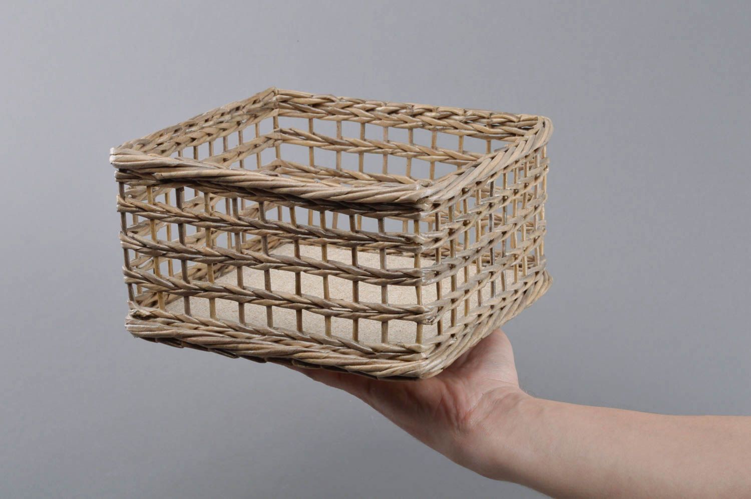Handmade square decorative beige basket woven of paper tubes for needlework  photo 4