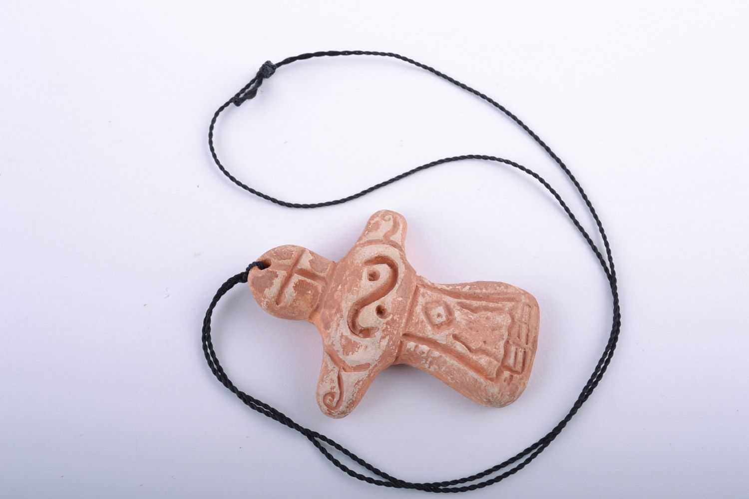 Handmade designer white clay cross pendant painted with engobes in ethnic style photo 3