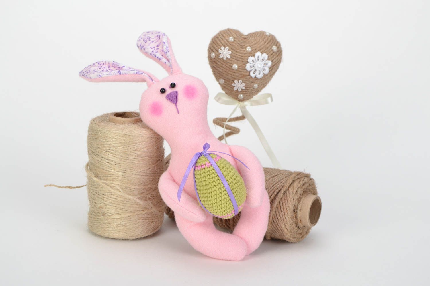 Handmade decorative textile toy bunny with egg beautiful pink Easter decor photo 1