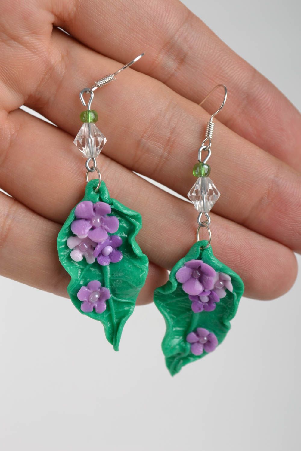 Handmade Blumen Ohrringe Designer Schmuck Accessoire für Frauen grün violett foto 5