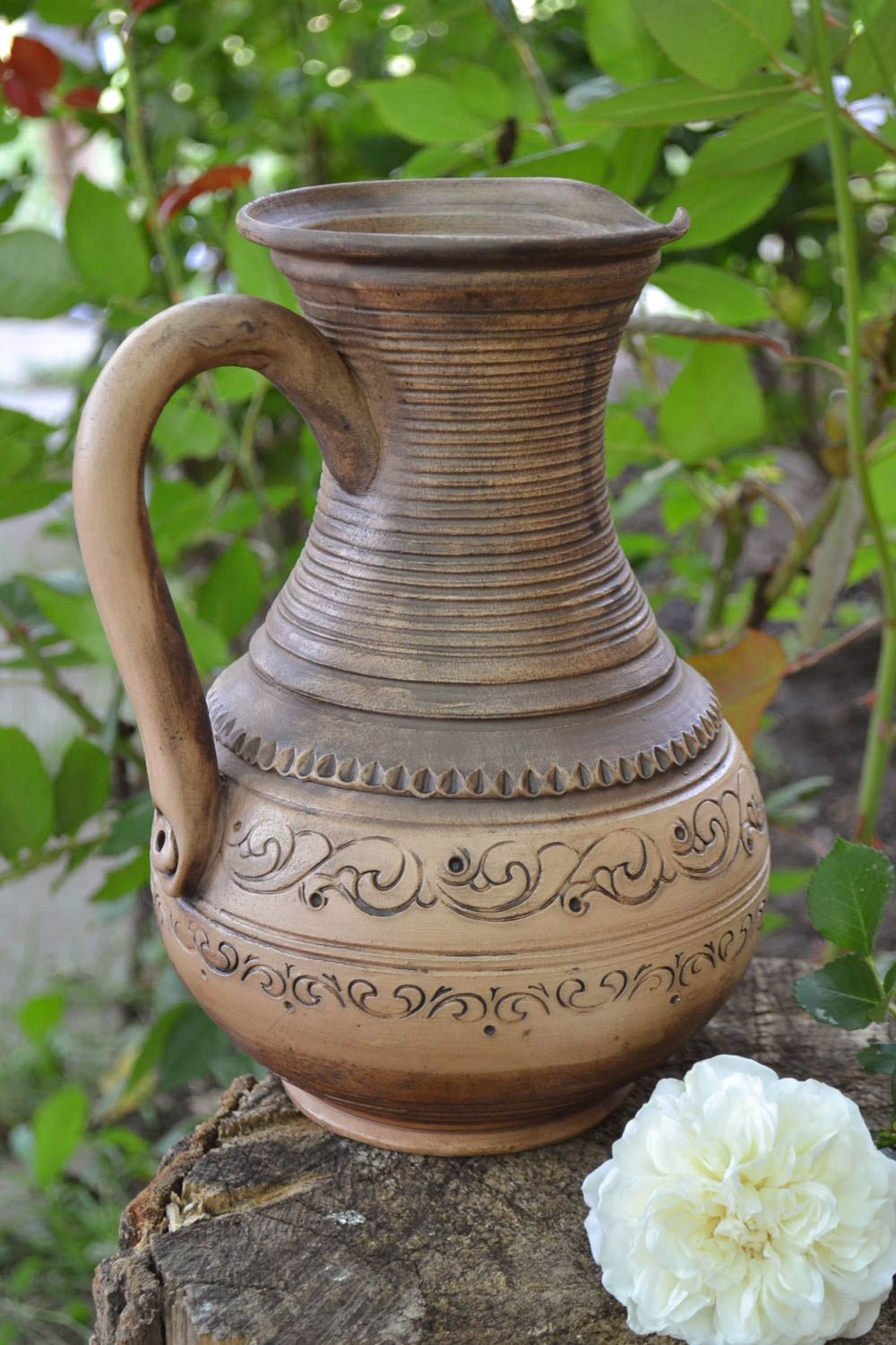 Grande cruche céramique 3 litres faite main avec ornements marron vaisselle photo 1