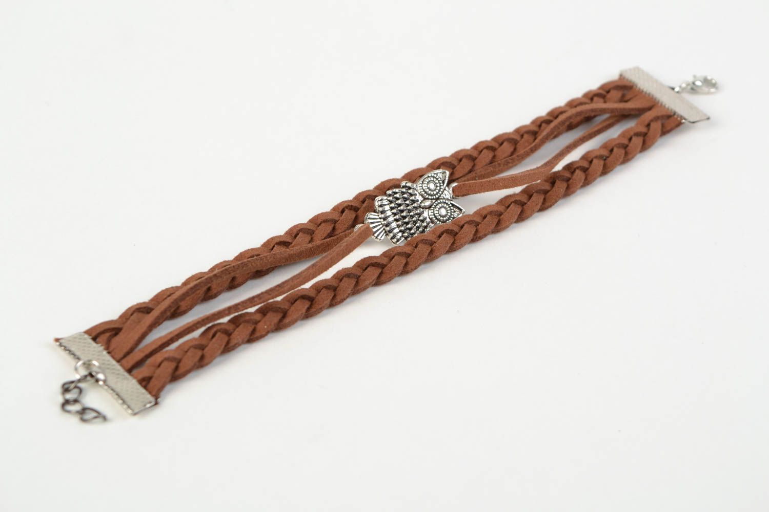 Bracelet tressé en lacets de daim avec hibou fait main large marron pour femme photo 5