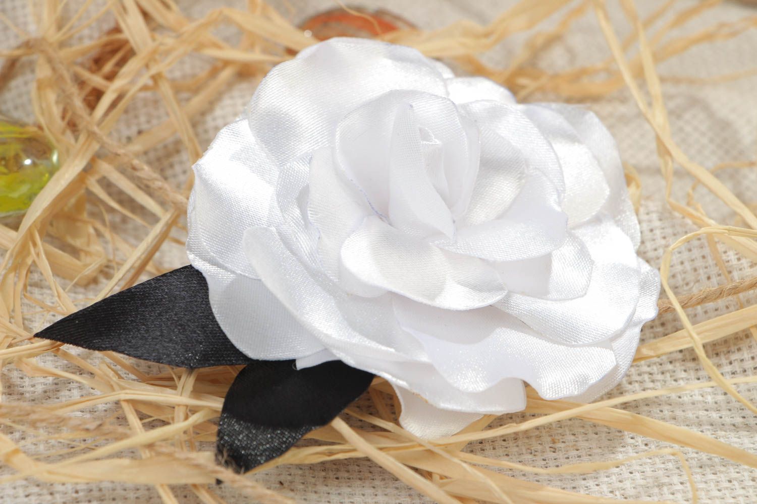 Handmade hair clip with volume white satin rose flower with black leaves photo 1