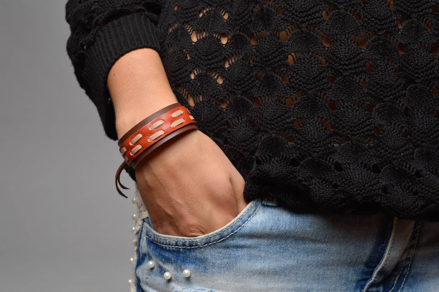 Bracelet cuir naturel Bijou fait main marron rouge stylé Accessoire femme photo 5