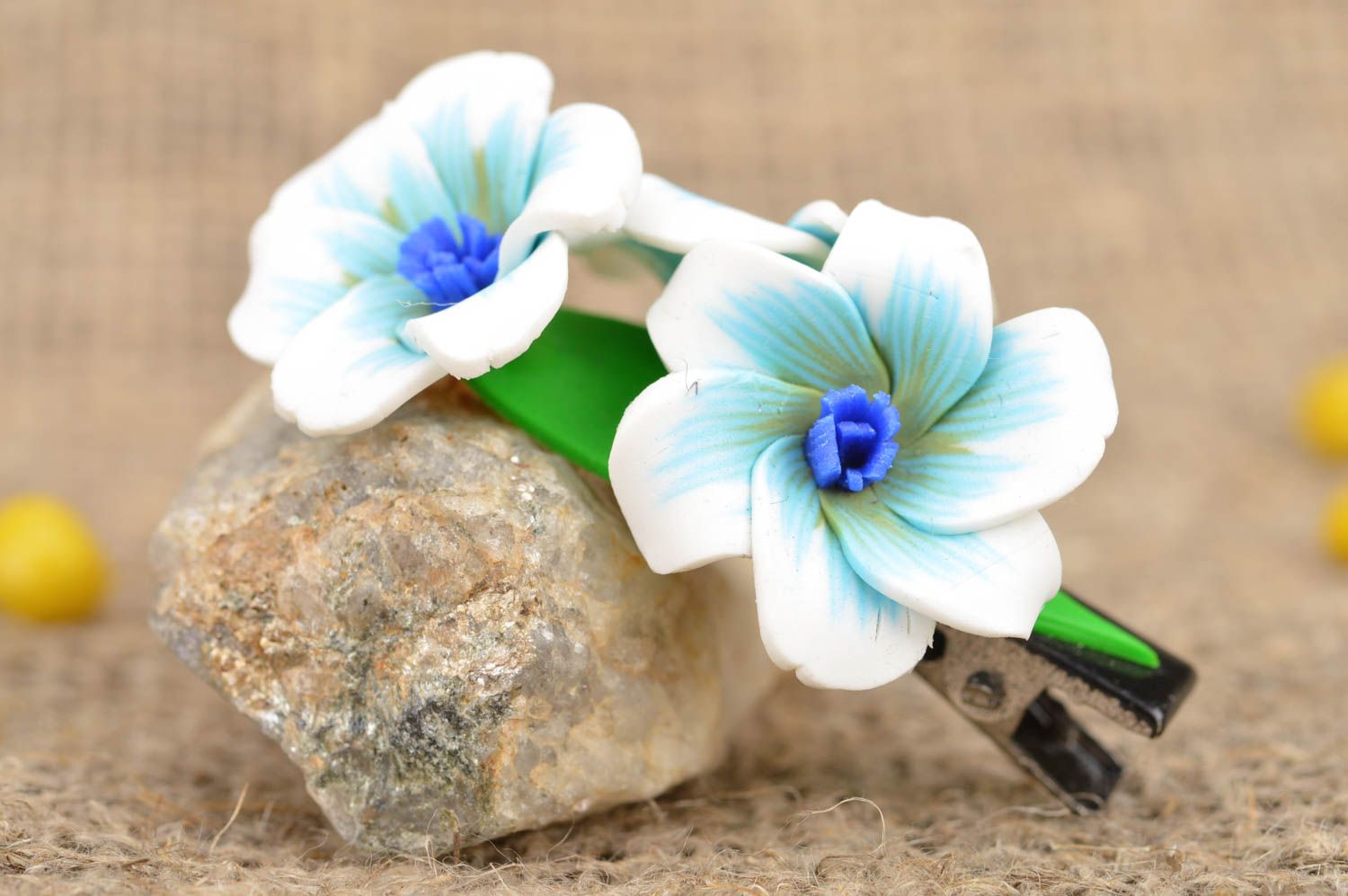 White and blue handmade designer barrette with plastic flowers photo 1