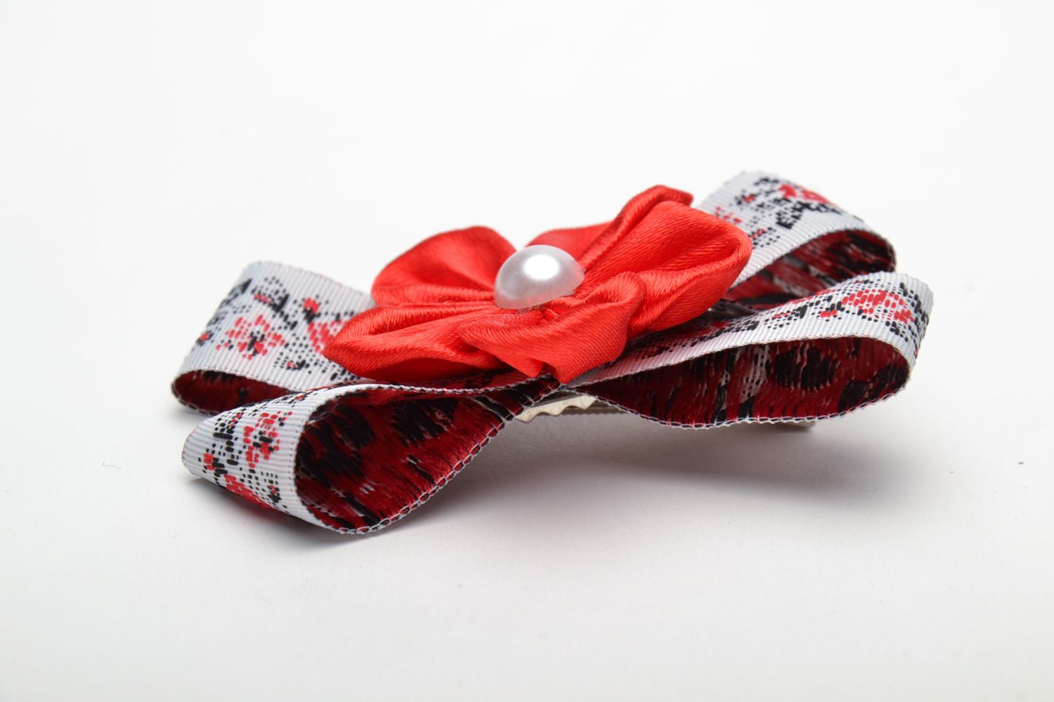 Belle barrette faite main originale avec noeud de ruban et fleur rouge  photo 3
