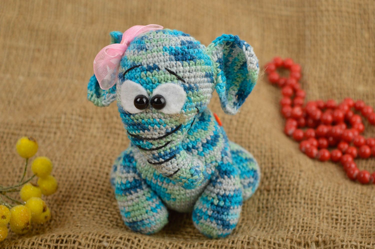 Knitted stuffed baby elephant toy in white and blue colors. 4 inches tall photo 1