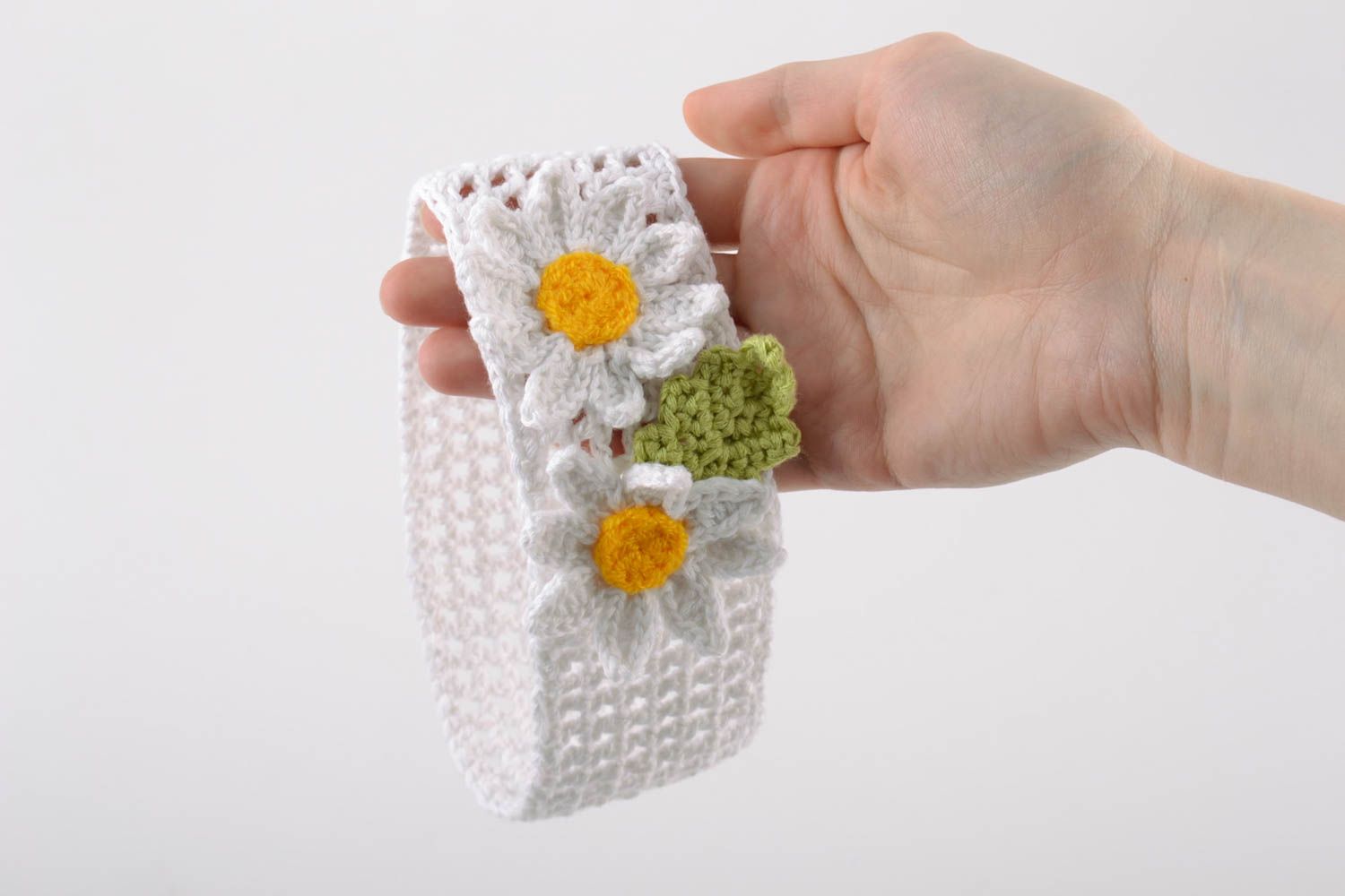 Weißes Baby Häkel Haarband mit Blumen Kamillen aus Baumwolle Handarbeit foto 3