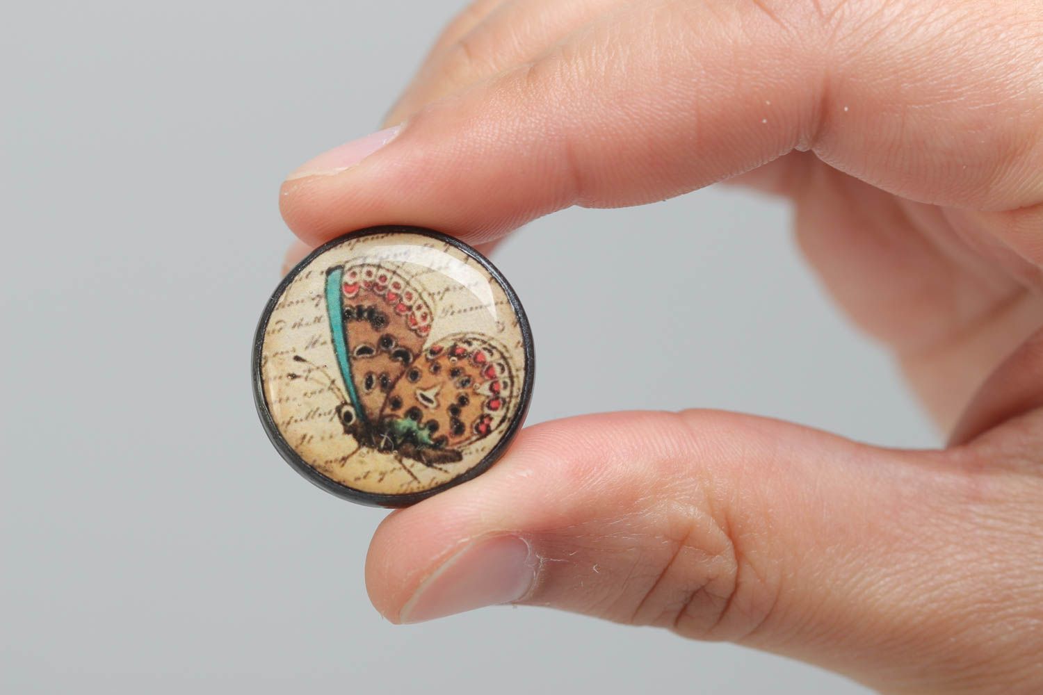 Handmade round glass glaze and plastic ring with butterfly photo 5