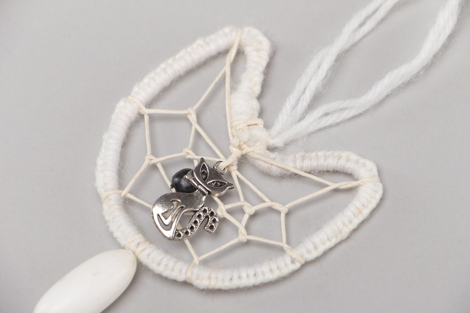 Small white handmade dreamcatcher wall hanging with fur for interior decoration photo 3