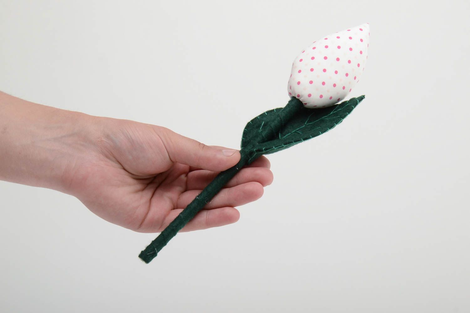 Handmade decorative small white polka dot tulip flower sewn of felt and cotton  photo 5
