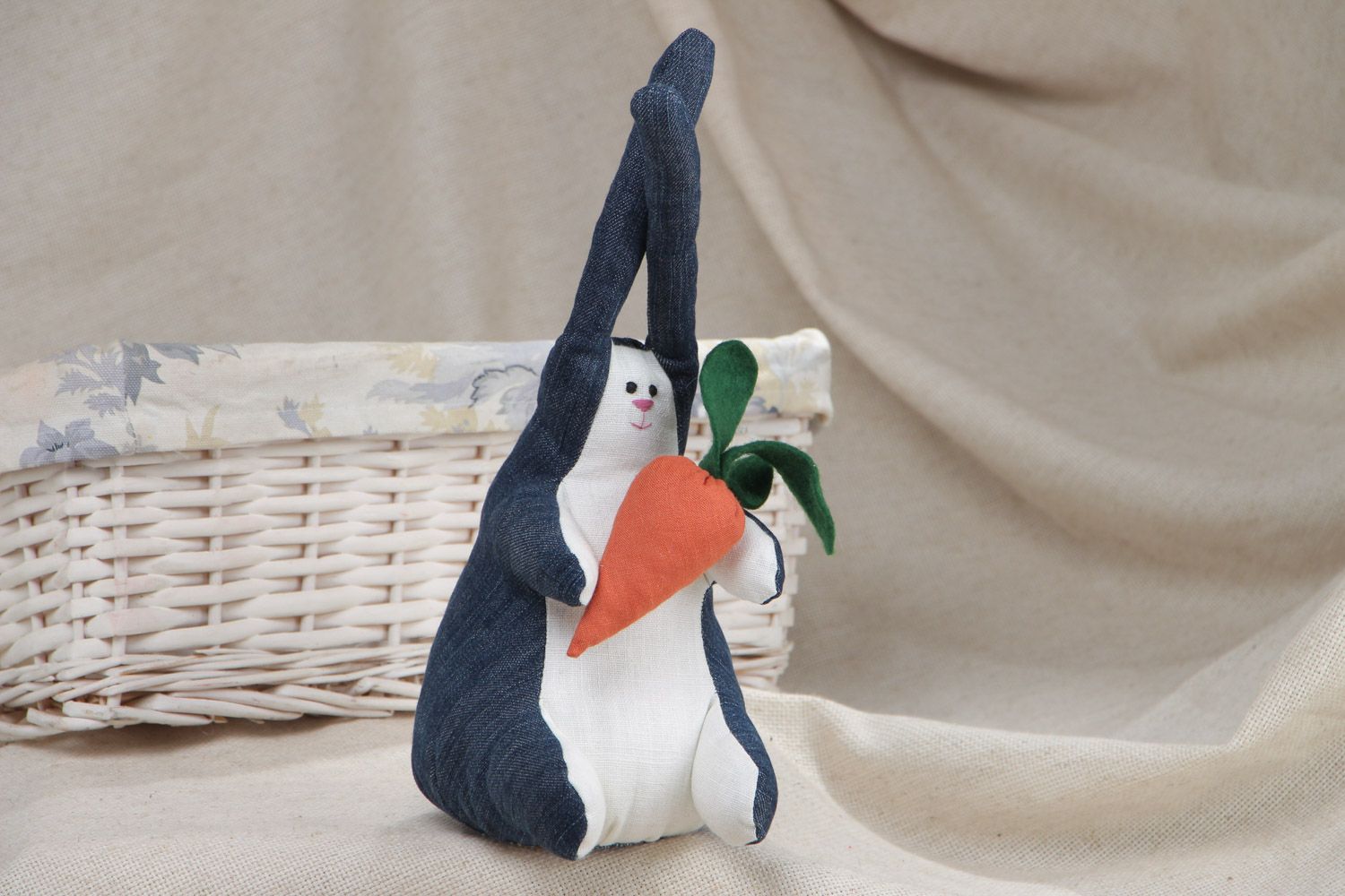 Handmade denim and felt fabric soft toy hare with carrot for children photo 1