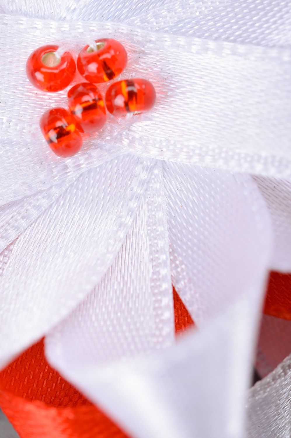 Handmade decorative hair tie with flower sewn of red and white satin ribbons  photo 4