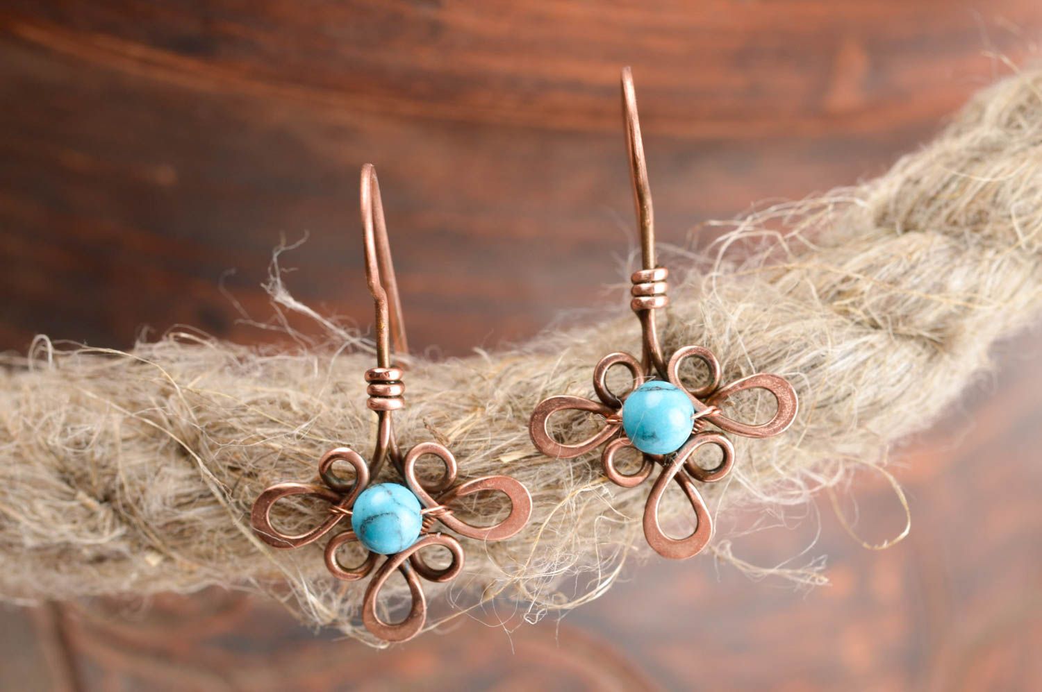 Designer copper earrings handmade wire wrap earrings metal earrings with charms photo 1