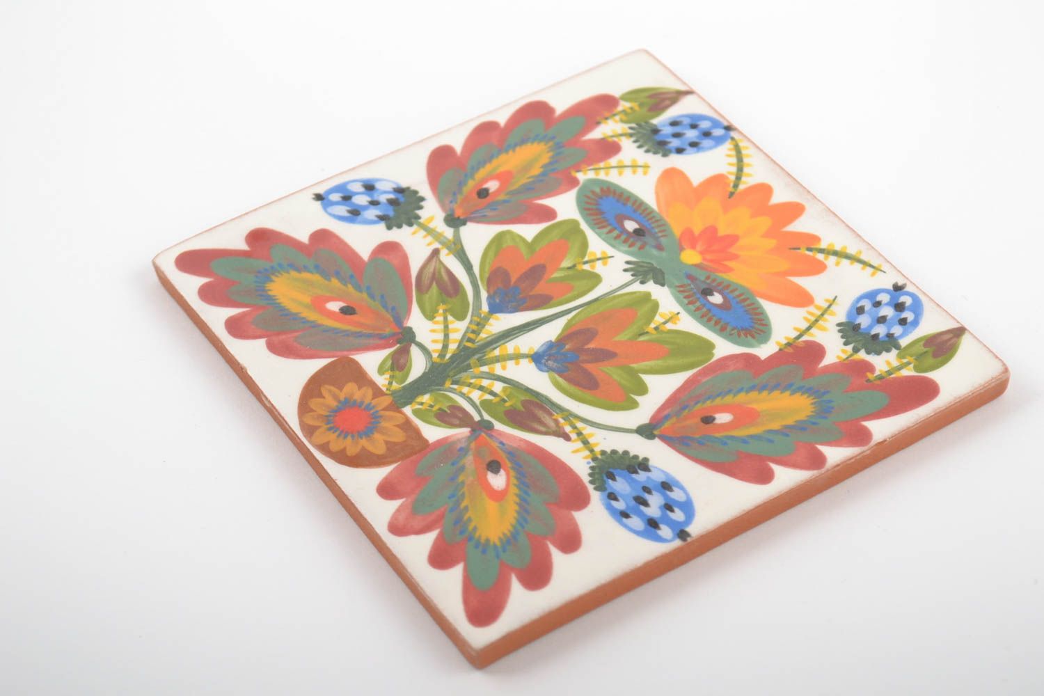 Carreau décoratif céramique peint à motif floral multicolore original fait main photo 4