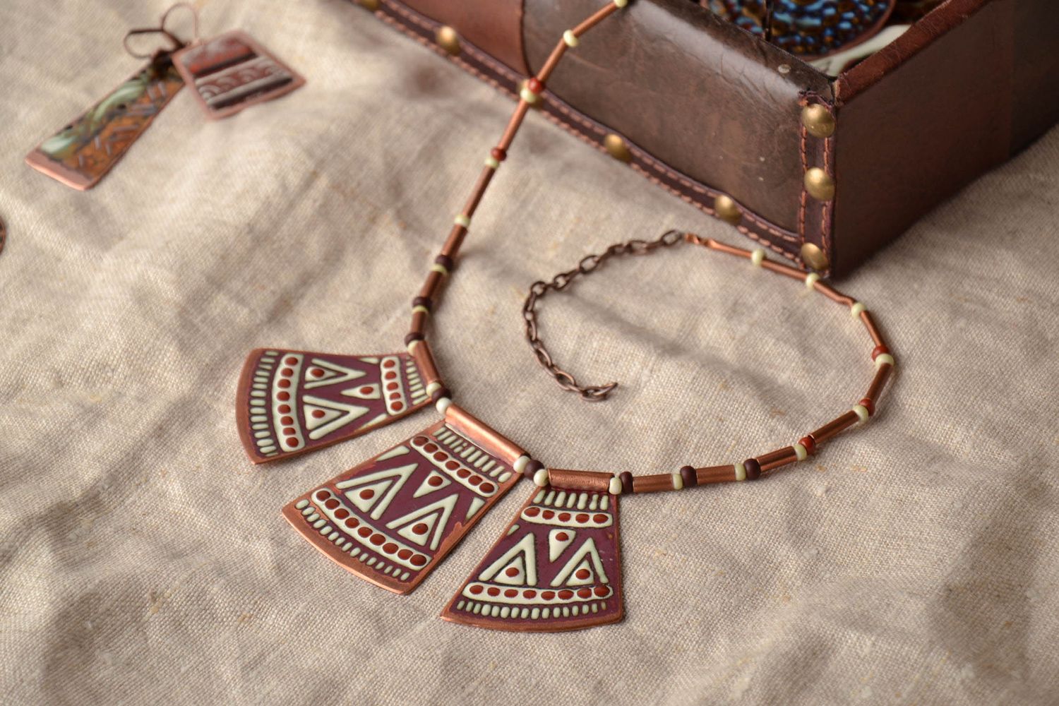 Handmade copper pendant painted with enamels in ethnic style photo 1