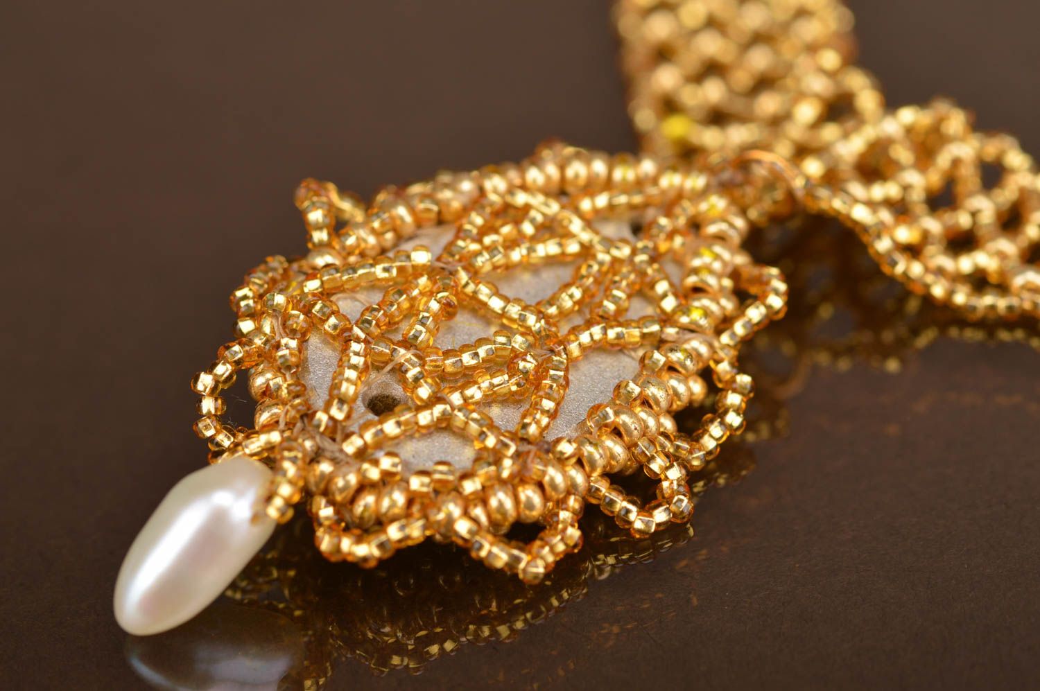 Handmade goldish woven beautiful unusual designer pendant made of beads photo 5
