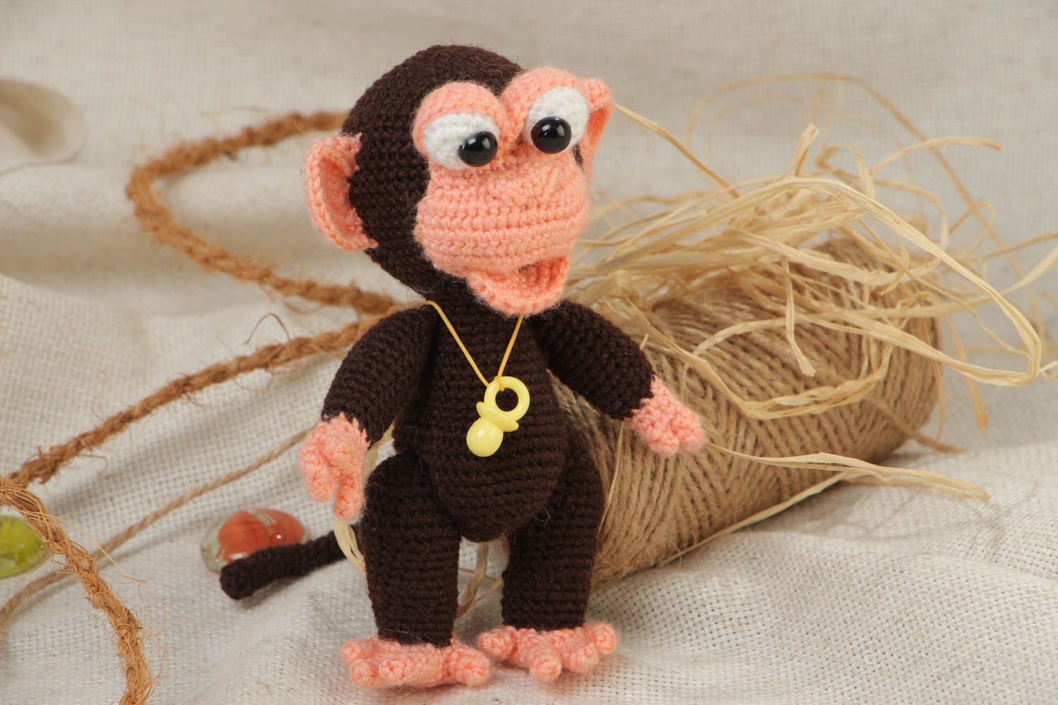 Handmade brown soft toy monkey crochet of acrylic threads photo 1