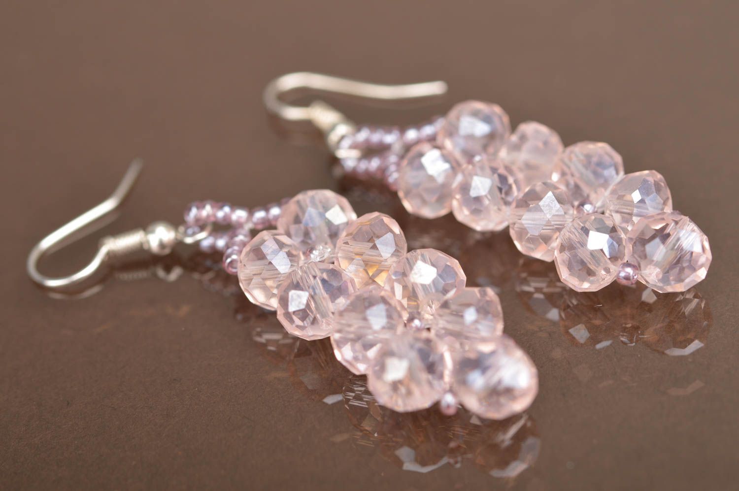 Handmade long pink tender stylish beautiful earrings made of Czech beads photo 2
