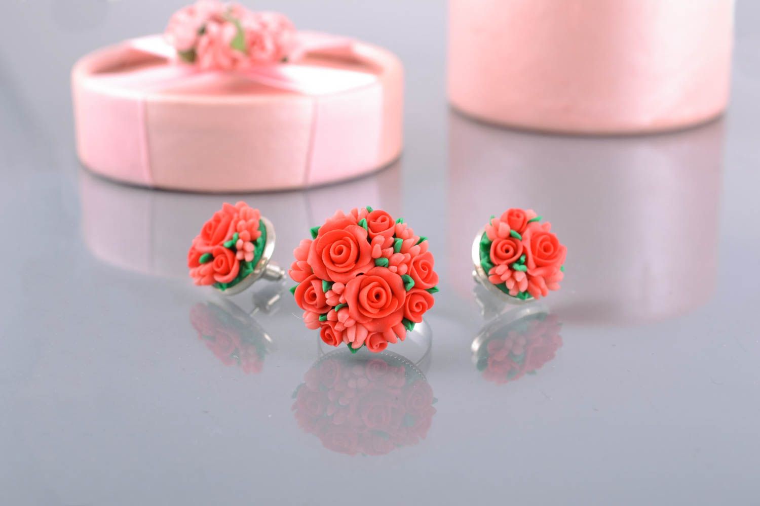 Handmade polymer clay floral jewelry set earrings and ring photo 1