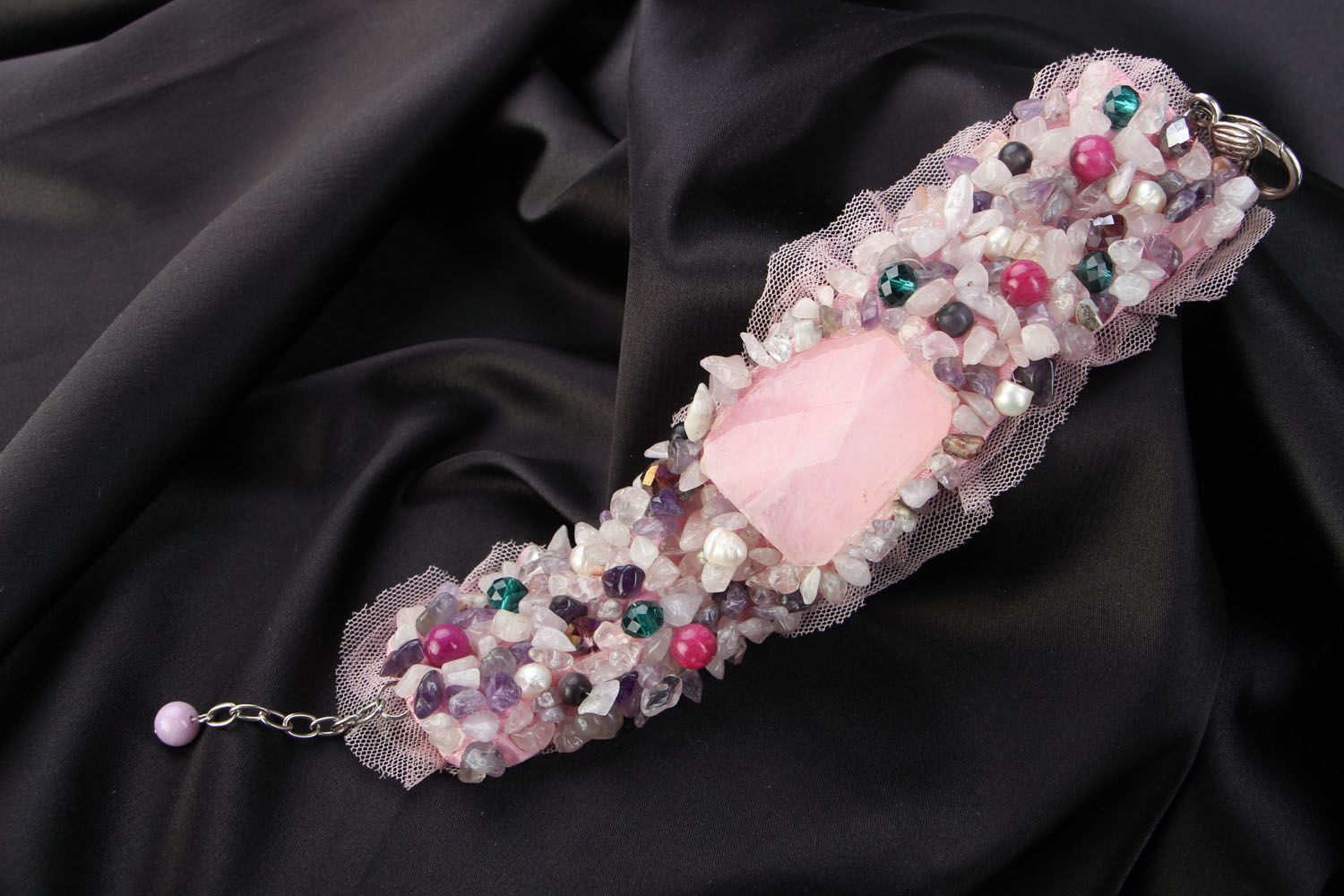 Pink wide bracelet with natural stones photo 1