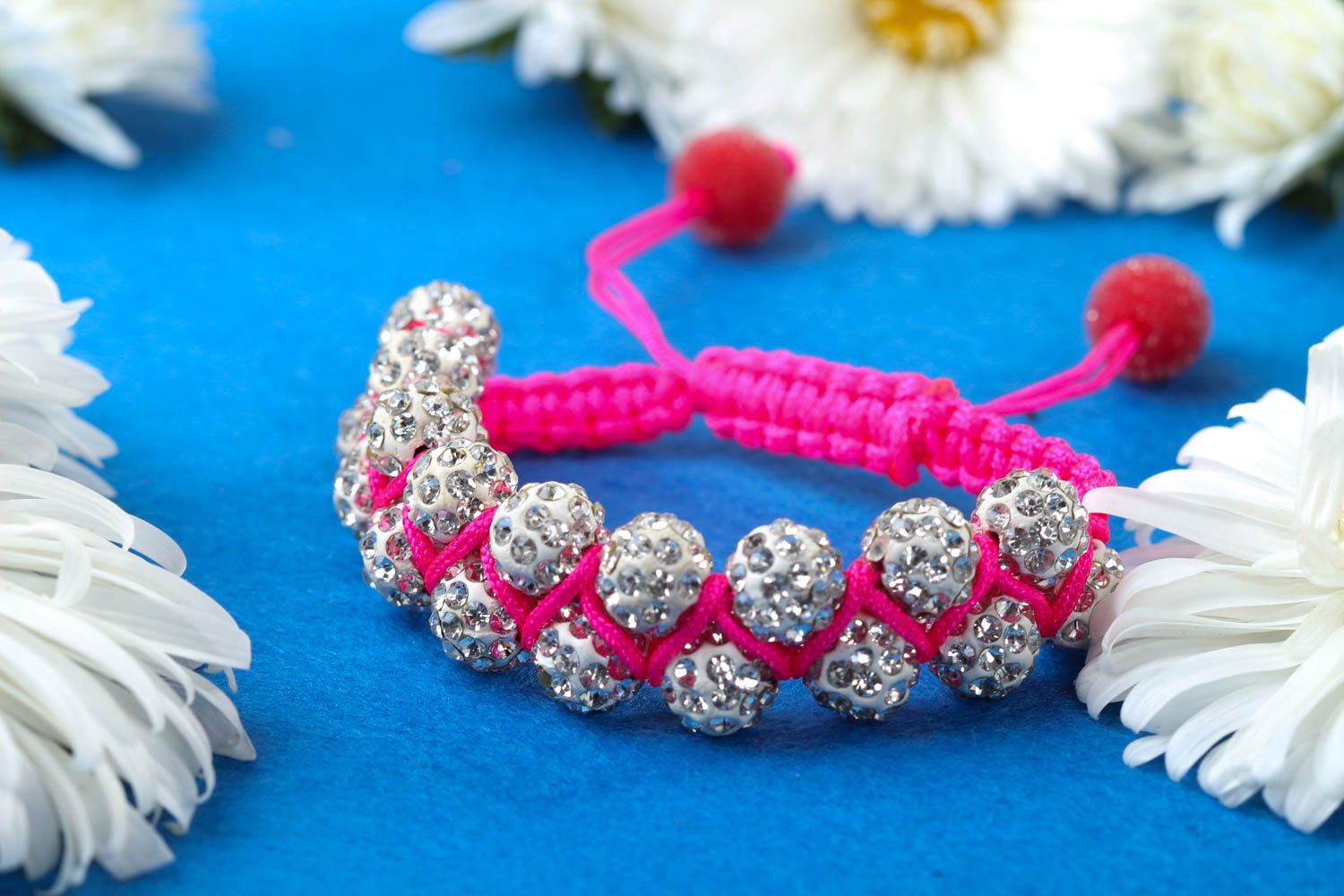 Silver color beads strand bracelet on the pink cord for women photo 1