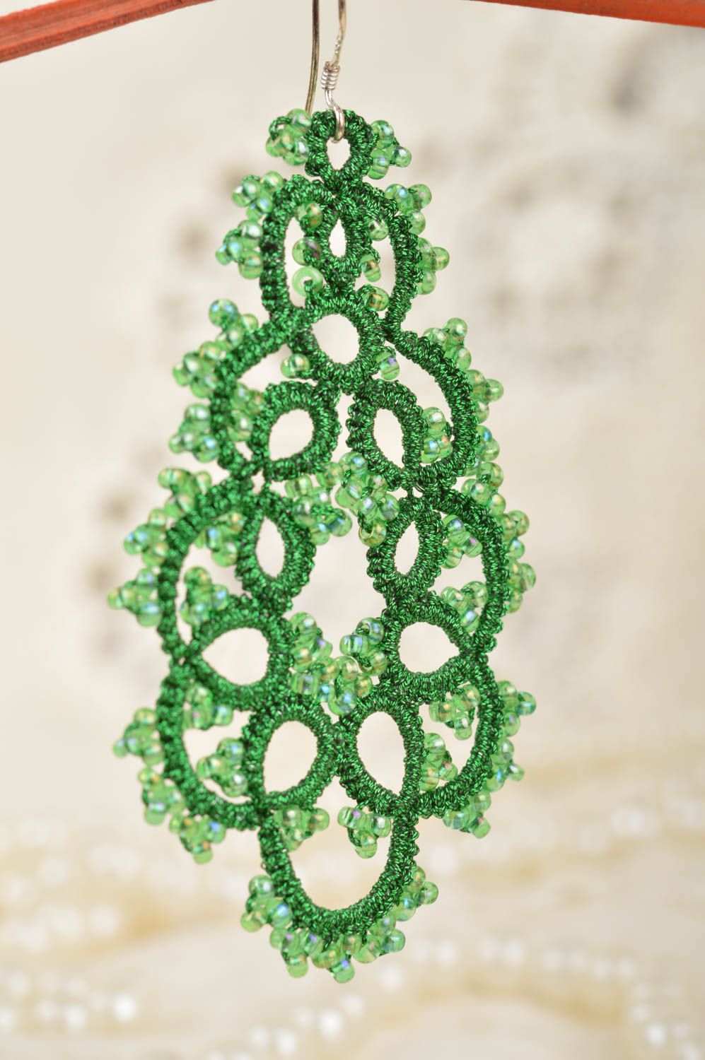 Beautiful handmade designer woven tatted earrings of dark green color for girls photo 3