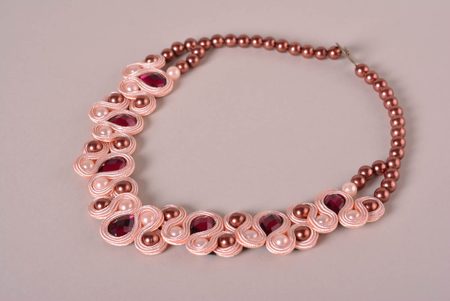 Handmade soutache necklace embroidered necklace with rhinestones beaded jewelry  photo 2