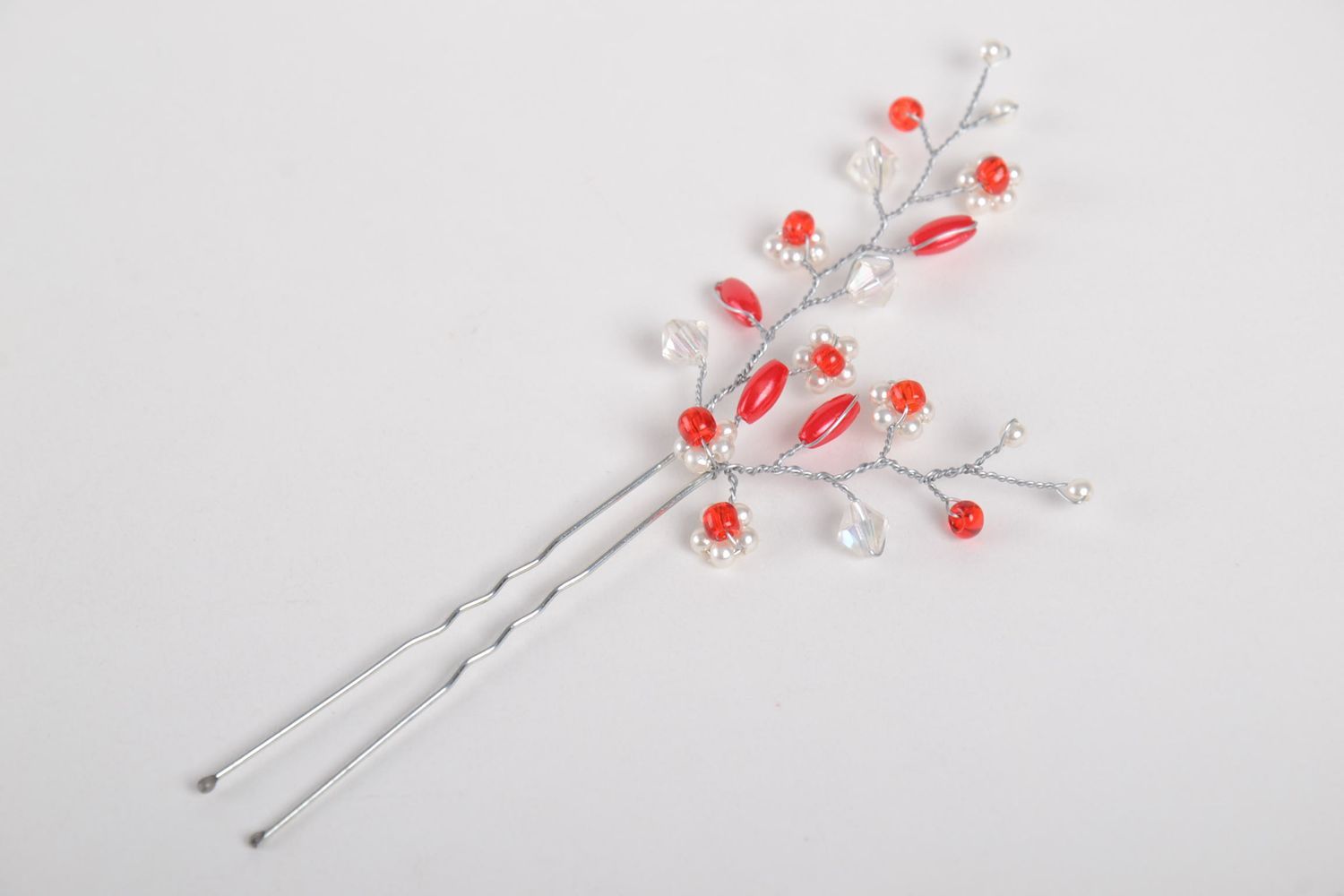 Rote Blumen Haarnadel mit Blättern handgemachter Schmuck Haar Accessoire  foto 3
