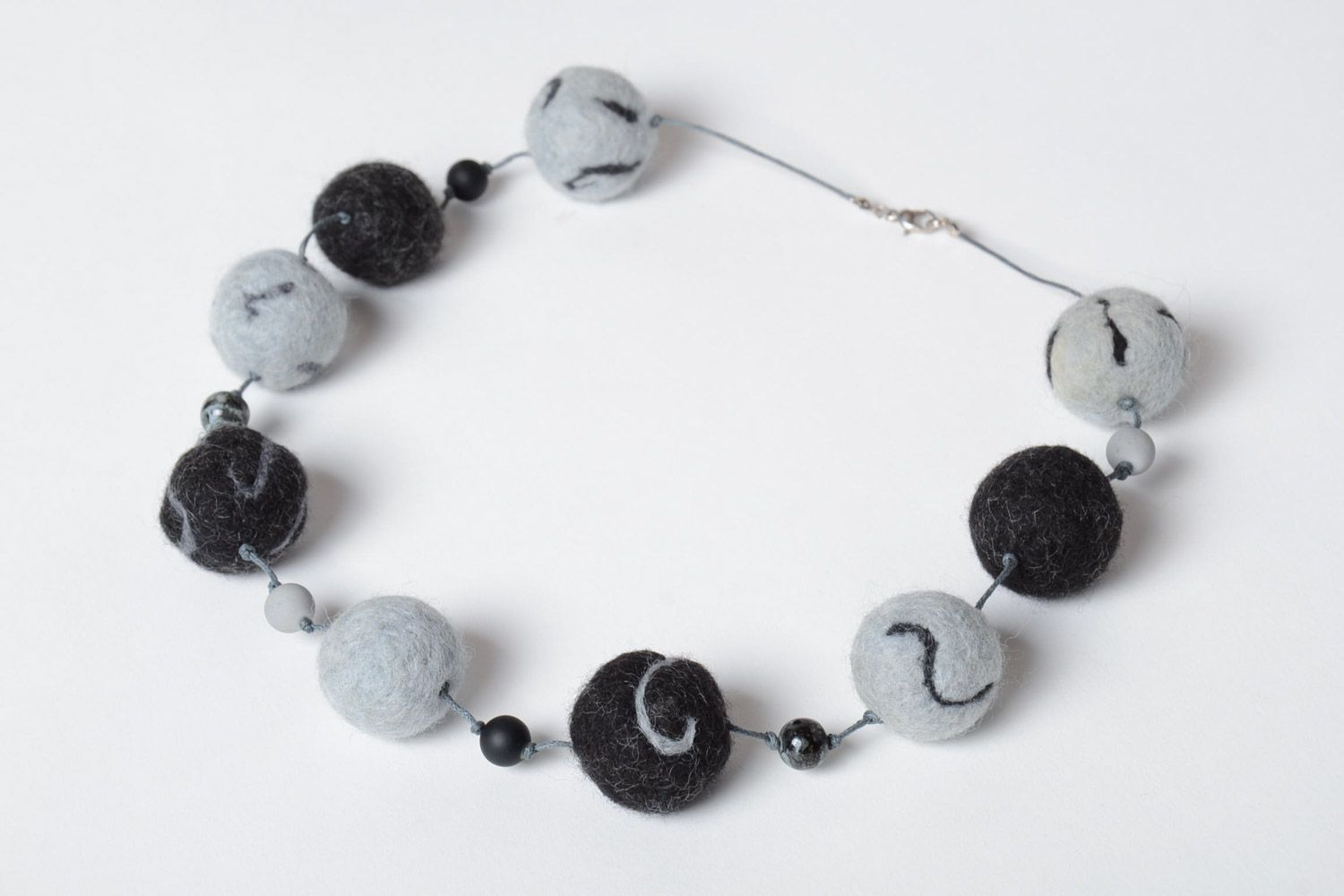 Designer handmade beaded necklace of wool using the technique of felting gray and black photo 2