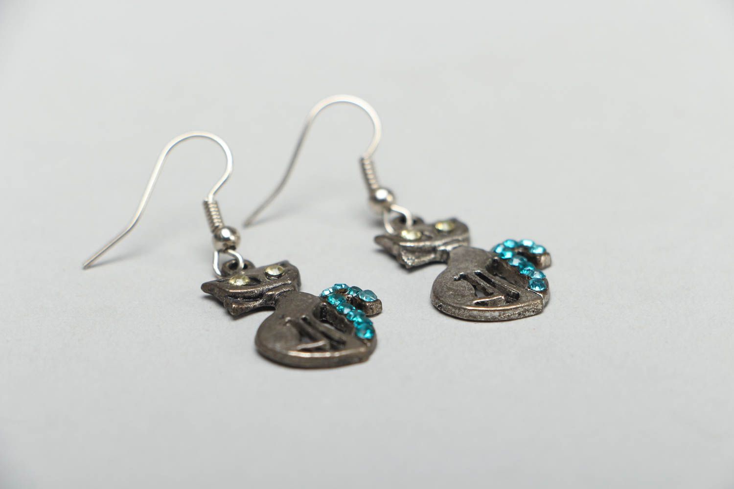 Metal earrings with rhinestones Kitties photo 2