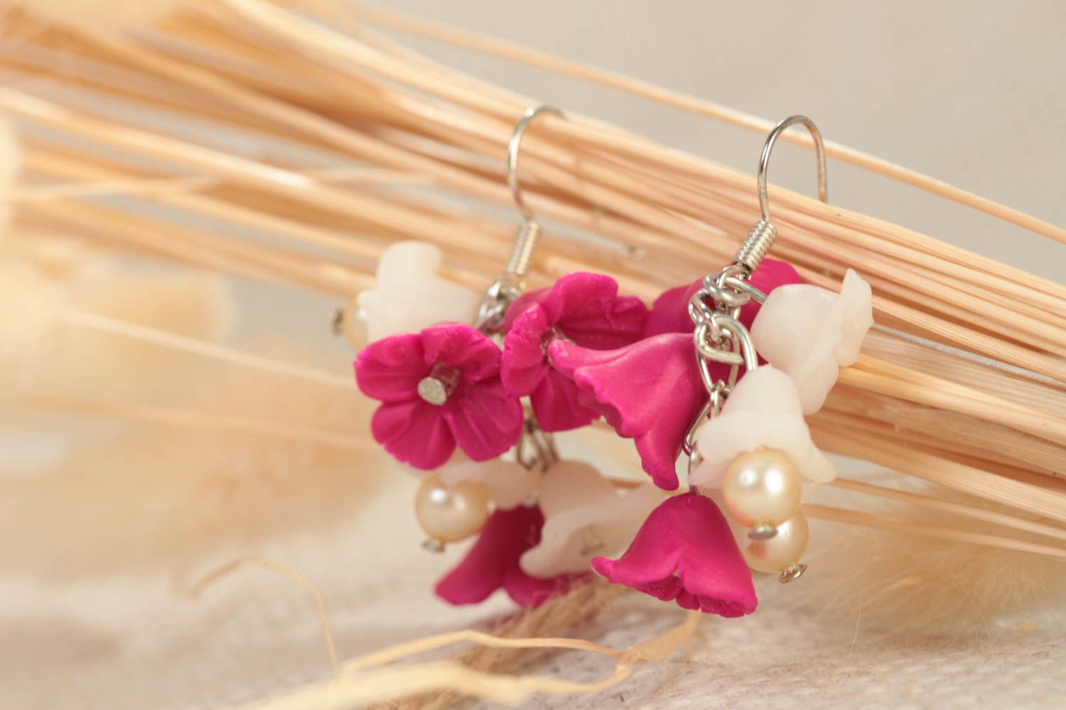 Handmade designer polymer clay floral dangling earrings in pink and milk colors photo 1