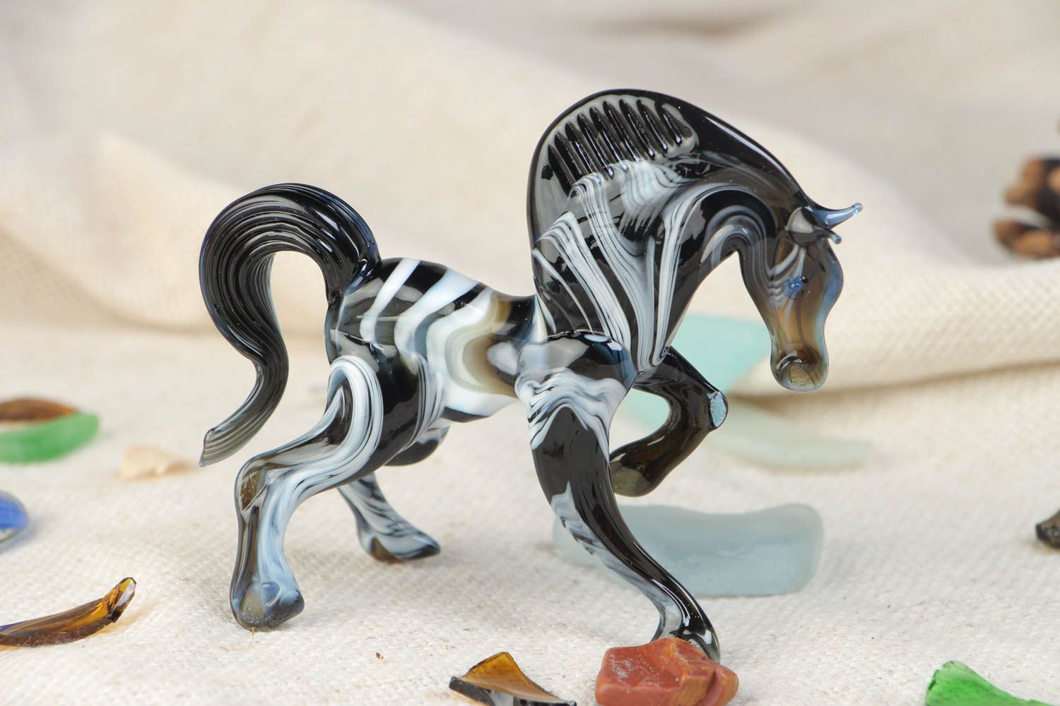 Handmade collectible lampwork glass miniature figurine of black and white horse photo 1