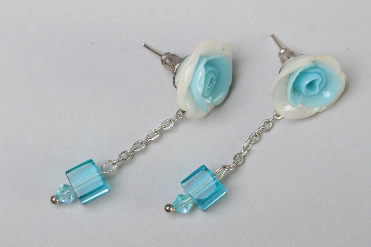 Handmade designer long polymer clay dangling earrings with blue white flowers photo 2