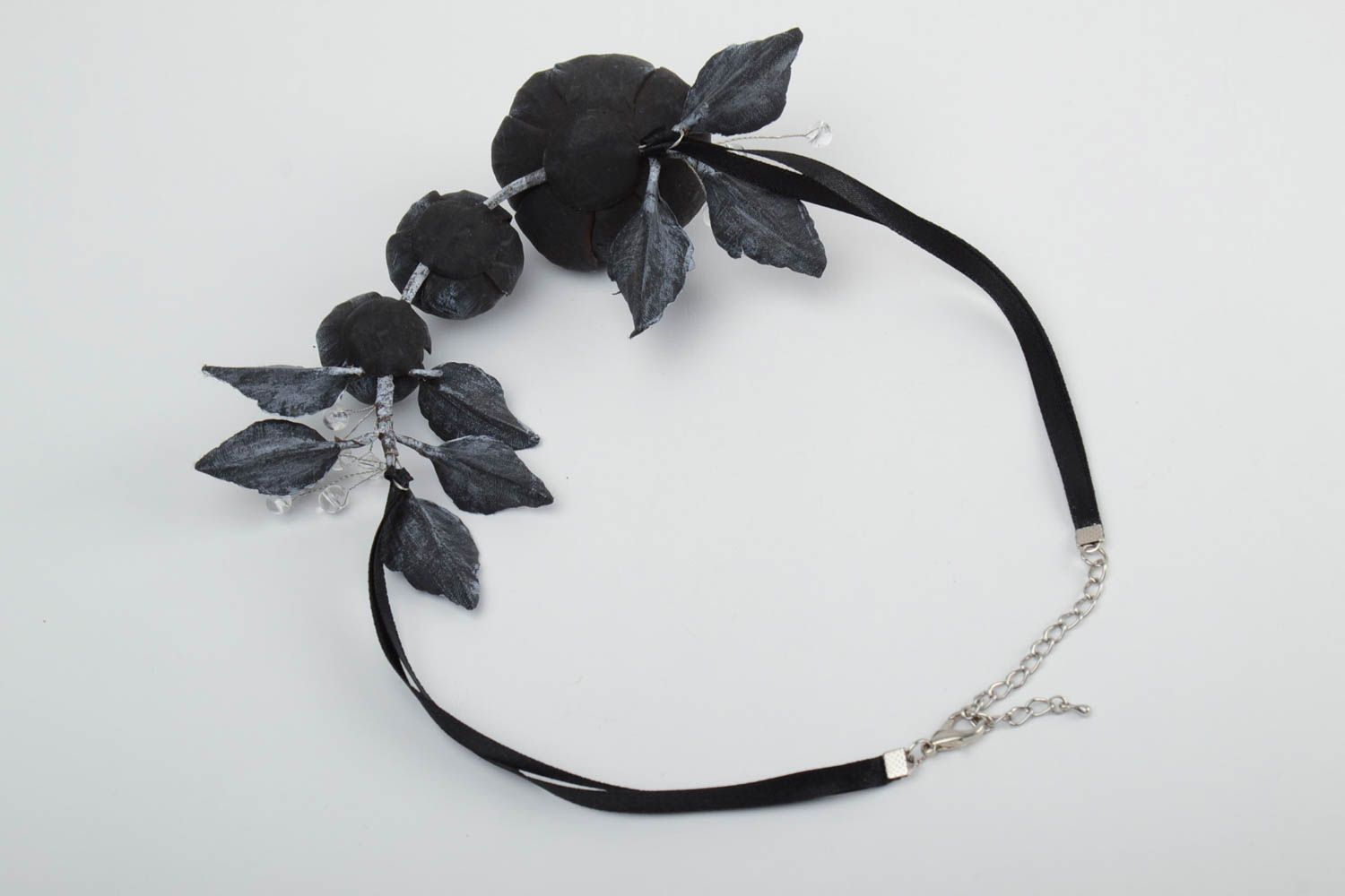 Handmade black floral self hardening clay necklace on ribbons of black color photo 5