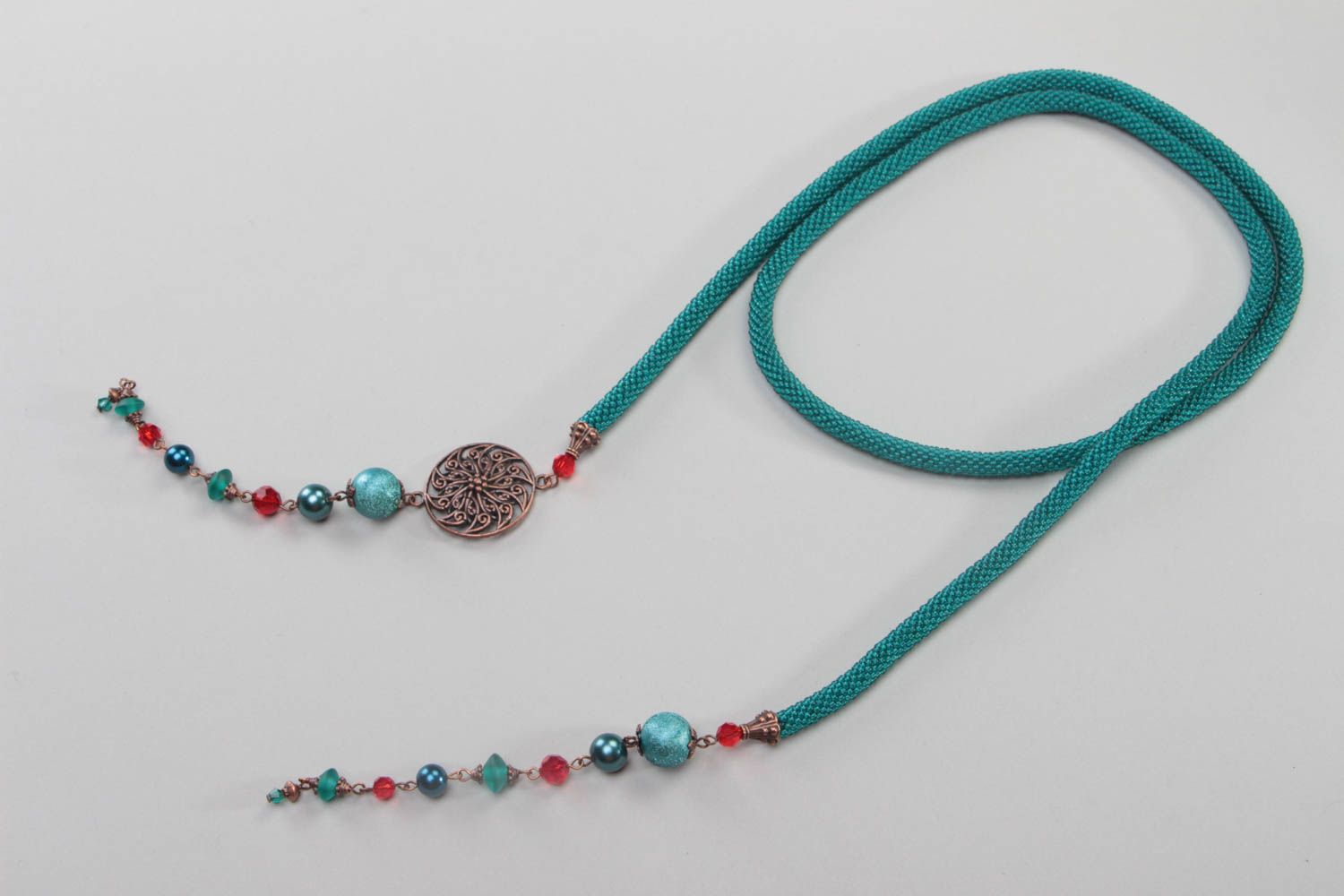 Handmade beaded cord necklace accessory with ceramic pearls designer jewelry photo 2