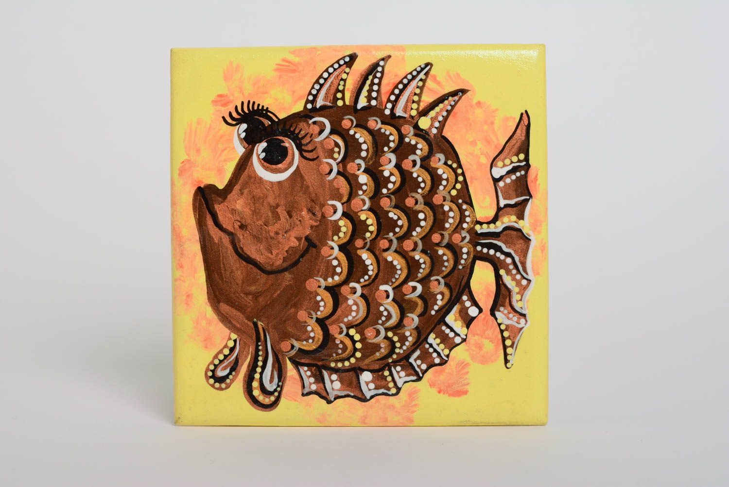 Handmade small square picture painted with acrylics on plywood basis Fish photo 1